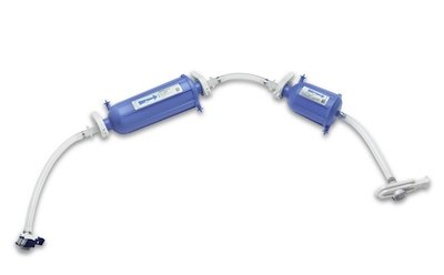 Milligard® PES capsule filter upstream of sterilizing-grade Millipore Express® capsule in Mobius® single-use assembly Two capsule filters connected by single use tubing with tubing extending from inlet of the Milligard® PES capsule on left to the sterilizing Millipore Express® capsule filter on right, and from the outlet of the Millipore Express® capsule to a sterile connector, which would connect to the next operation.