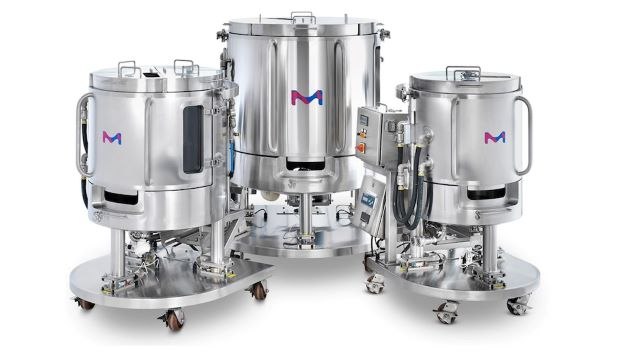 Mobius<sup>®</sup> Power MIX Three different sized stainless steel Mobius® Power MIX single-use mixers; medium on left, large in center, and small on right.
