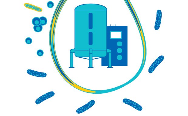 Mycoplasma Bacteria Virus with CCM Depósito de filtración de agua azul y unidad de control con representaciones estilizadas de moléculas de agua y partículas de medios de filtración a su alrededor, simbolizando el proceso de filtración a través de medios.