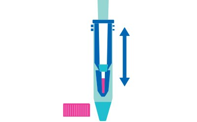 An illustration of a laboratory tube with a pink cap is shown. The tube features a blue mechanism that moves up and down, indicating the action of drawing in or dispensing liquid. A pink rectangular component is positioned next to the tube. An illustration of a laboratory tube with a pink cap is shown. The tube features a blue mechanism that moves up and down, indicating the action of drawing in or dispensing liquid. A pink rectangular component is positioned next to the tube.
