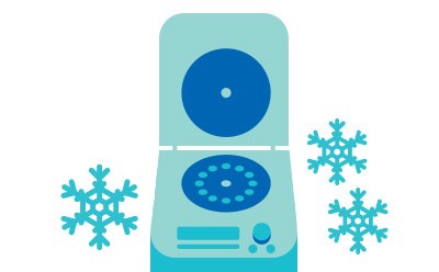 A laboratory centrifuge is illustrated, with its lid open, revealing a circular platform with multiple holes for test tubes. Two blue snowflakes are depicted on either side, suggesting a cold environment or refrigeration. A laboratory centrifuge is illustrated, with its lid open, revealing a circular platform with multiple holes for test tubes. Two blue snowflakes are depicted on either side, suggesting a cold environment or refrigeration.