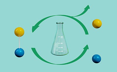 Modify Step of Glycobiology Workflows Etapa de modificación del procedimiento de trabajo en glucobiología con una representación de la modificación de las estructuras glucano. Un matraz Erlenmeyer en medio de un proceso circular con los glucanos unidos a la izquierda y los glucanos separados a la derecha.