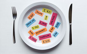 La imagen muestra un plato de comida con etiquetas escritas en su interior con un tenedor a la izquierda y un cuchillo a la derecha, todo contra un fondo blanco áspero.