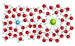 La imagen representa un diagrama de una estructura molecular con esferas rojas y blancas que representan moléculas de agua, y dos esferas centrales verde y azul que probablemente simbolizan diferentes átomos o iones, todos conectados por líneas que indican enlaces químicos.