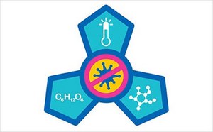 Icono que representa la pasteurización relámpago (HTST) de la glucosa para la mitigación del riesgo viral