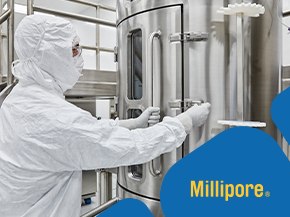 A technician in a full protective suit and mask is operating a large stainless steel bioreactor in a cleanroom environment. The image features a modern industrial setting with shiny metallic surfaces. In the lower right corner, there is a blue banner with the text 'Millipore.'