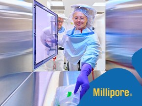 A laboratory professional in protective gear is reaching into a sterile environment, holding a package with a green label. The background features a cleanroom setting, and the Millipore logo is displayed corner.