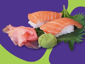 A close-up of sushi featuring two pieces of salmon nigiri placed on a bed of green shiso leaves. Accompanying the sushi are pink pickled ginger and a dollop of green wasabi. The background has a vibrant purple and green design.