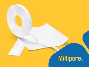 Yellow banner promoting Millipore Hi‑Flow Plus membranes for lateral flow assays; right side shows a roll and strips of white membrane material, with the Millipore logo at bottom right.