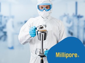 Cleanroom operator in full protective suit and blue gloves handling a stainless-steel sampling device in a lab; Millipore logo.