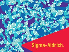 Promotional graphic from Sigma‑Aldrich on a teal background. A red tab with the Sigma‑Aldrich logo appears at top left; an abstract geometric pattern fills the top‑right corner. 