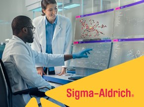 Sigma‑Aldrich banner on a yellow background featuring two scientists in a lab reviewing a large screen with chemical structures
