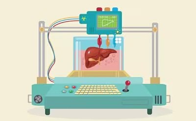 3D bioprinting Color illustration of a printer generating a liver