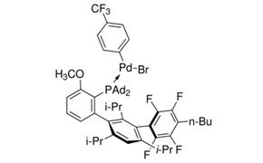 A chemical structure diagram showing a complex organopalladium compound, commonly used in cross-coupling reactions. The structure includes a palladium (Pd) center bonded to a bromine atom (Br), a substituted aromatic ring with a trifluoromethyl group (CF₃), and a bulky phosphine ligand (PAd₂) with isopropyl (i-Pr), methoxy (CH₃O), and fluorinated substituents.