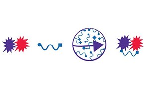 An illustration depicting a series of chemical reactions involving crosslinkers. The image features two red starburst symbols representing reactive groups, connected by a wavy line symbolizing a chemical bond. In the center, a circular shape contains a network of blue lines, indicating molecular structures, and an arrow pointing to the right suggests a directional reaction. On the right, similar red starburst symbols are shown, indicating the continuation of the reaction process.