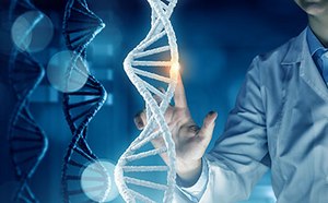 A scientist in a lab coat touches a glowing point on a 3D-rendered DNA double helix, symbolizing genetic research or biotechnology. Multiple DNA strands are visible in the background, with a blue, high-tech digital interface theme.