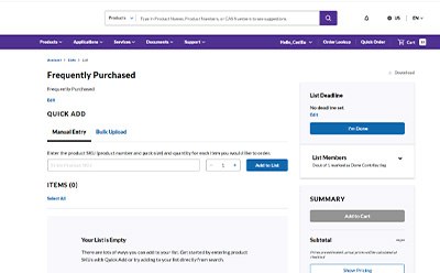 Frequently Purchased Display Screen Pantalla "Frequently Purchased" («Compras frecuentes») donde puede introducir manualmente los artículos que desea agregar a una lista.