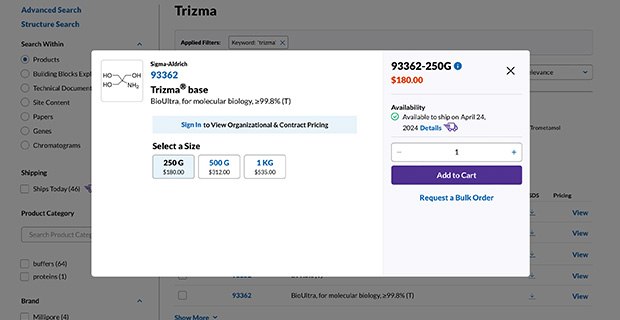 Enhanced Pricing & Availability view in Search Vista modal de la vista mejorada de Precios y Disponibilidad en Búsqueda que muestra una vista más simple de los detalles del producto
