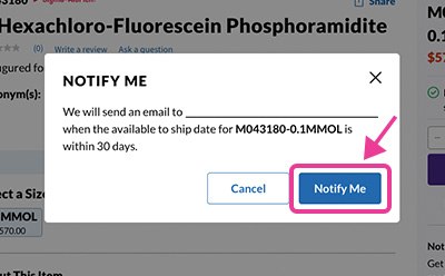 PDP modal view with Notify Me Option for selection