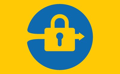 Security and Sustainability A graphic of a yellow lock with an arrow pointing to the right, set inside a blue circle on a yellow background.