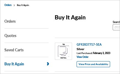 Order Center Menu El menú del centro de pedidos que ha utilizado para acceder a la lista de productos para volver a comprar en la cuenta de usuario.