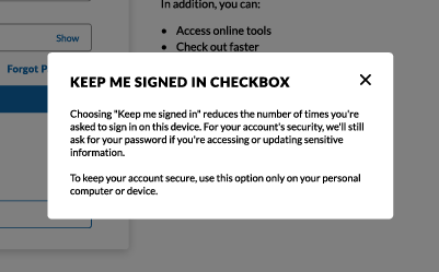 Persistent Log In Checkbox Keep me signed in checkbox information screen