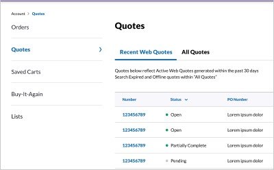 Quote List Page Vista de la página de lista de presupuestos con las pestañas de presupuesto reciente y todos los presupuestos