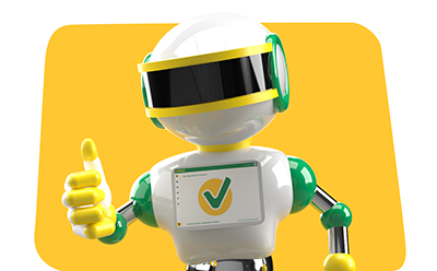 La imagen muestra un personaje animado en 3D que parece un robot. El robot tiene un cuerpo blanco con detalles en verde en las articulaciones y la diadema, y un gran visor negro donde normalmente estarían los ojos. En el pecho del robot hay un cuadrado con esquinas redondeadas en el que aparece el símbolo de una marca de verificación. El fondo es amarillo y el robot hace un gesto de pulgar hacia arriba con la mano derecha. La imagen muestra un personaje animado en 3D que parece un robot. El robot tiene un cuerpo blanco con detalles en verde en las articulaciones y la diadema, y un gran visor negro donde normalmente estarían los ojos. En el pecho del robot hay un cuadrado con esquinas redondeadas en el que aparece el símbolo de una marca de verificación. El fondo es amarillo y el robot hace un gesto de pulgar hacia arriba con la mano derecha.
