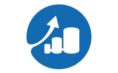 A blue circle with a white icon at its center of ascending bar graphs with an upward arrow.