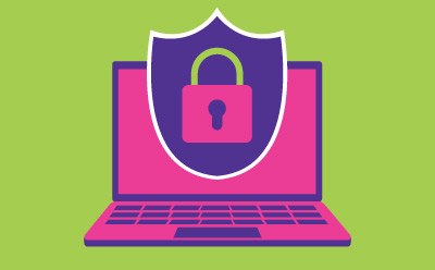Computer with safe lock indicating security.