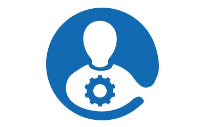 A blue circle with a white icon at its center of a person with a gear symbol.