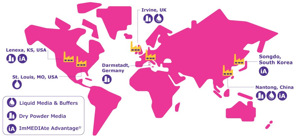 CCM manufacturing sites World map highlighting manufacturing sites across the globe in Lenexa, St. Louis, Irvine, Darmstadt, Songdo, and Nantong and indicating which sites manufacture liquid and dry powder/compacted media and which offer imMEDIAte ADVANTAGE® Services.