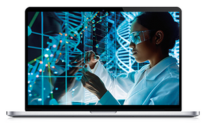 A person in a white lab coat manipulating a molecular model or DNA strand, with a digital background of DNA and data patterns.