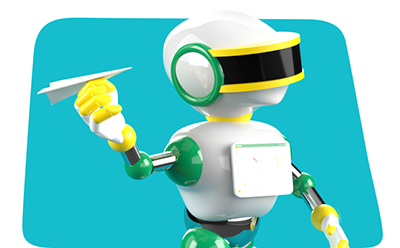 Ilustración estilizada de un robot de colores blanco y verde que sostiene un avión de papel en la mano derecha. El robot tiene una cabeza redonda con un ojo en forma de visera, y su cuerpo parece estar hecho de varias formas geométricas. El fondo es de un azul sencillo con esquinas redondeadas. Ilustración estilizada de un robot de colores blanco y verde que sostiene un avión de papel en la mano derecha. El robot tiene una cabeza redonda con un ojo en forma de visera, y su cuerpo parece estar hecho de varias formas geométricas. El fondo es de un azul sencillo con esquinas redondeadas.