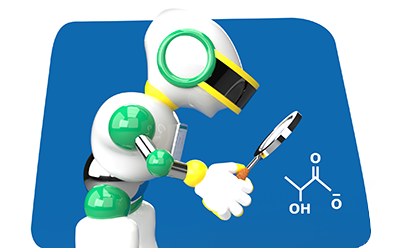 Gráfico de un robot estilizado con el cuerpo blanco, las articulaciones verdes y detalles en amarillo en la cabeza y las manos. El robot sostiene una lupa en una mano y examina una estructura molecular que flota en el aire a su derecha. La estructura molecular consiste en líneas negras que representan enlaces entre esferas rojas, blancas y grises que representan átomos de oxígeno, hidrógeno y carbono respectivamente. Gráfico de un robot estilizado con el cuerpo blanco, las articulaciones verdes y detalles en amarillo en la cabeza y las manos. El robot sostiene una lupa en una mano y examina una estructura molecular que flota en el aire a su derecha. La estructura molecular consiste en líneas negras que representan enlaces entre esferas rojas, blancas y grises que representan átomos de oxígeno, hidrógeno y carbono respectivamente.