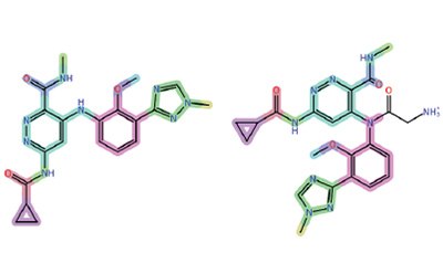 De Novo Molecular Design Ilustración de dos estructuras moleculares una al lado de la otra, que muestran diferentes disposiciones de átomos y enlaces. Las estructuras se representan utilizando varios colores que indican diferentes elementos, con etiquetas que señalan grupos funcionales y enlaces. La estructura izquierda presenta una disposición compleja, mientras que la de la derecha incluye un grupo amino (NH₂) en el extremo.