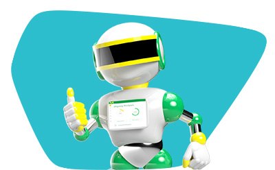 The image is a 3D rendering of a robot with a humanoid shape. The robot has a white body with green arms and legs, yellow bands around the joints, and a black visor that appears to be its eyes. The background is purple, and the robot is gesturing towards its chest screen, which displays an application with text.