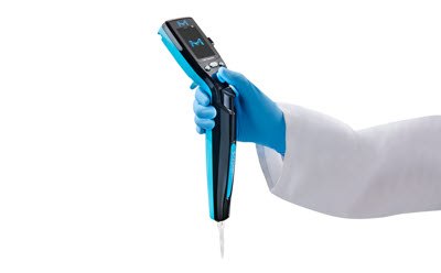 Scepter™ 3.0 Handheld Automated Cell Counter with Millicell® Cloud Services capability Photograph of a scientist's gloved hand holding the Scepter™ 3.0 Handheld Automated Cell Counter.