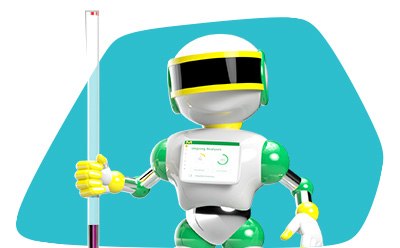 The image displays a 3D animated character that resembles a robot. The robot has a white body with green accents on the joints and headband, and a large black visor where eyes would typically be. On the chest of the robot, there is a square with rounded corners displaying a checkmark symbol. The background is yellow, and the robot is giving a thumbs-up gesture with its right hand.