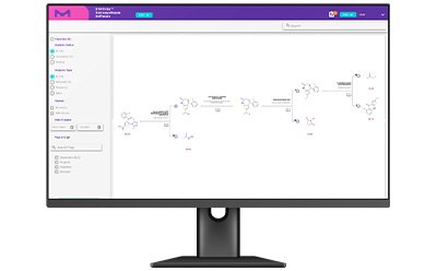 Pantallazo del software de retros&iacute;ntesis SYNTHIA™ que muestra una ruta detallada para la s&iacute;ntesis de compuestos qu&iacute;micos.