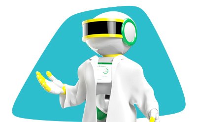 A stylized illustration of a robot with a white and green color scheme, holding a paper airplane in its right hand. The robot has a round head with a visor-like eye, and its body appears to be made of various geometric shapes. The background is a simple blue with rounded corners.