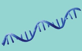 Drug Substance – mRNA Molecule Una hebra de ADN azul estilizado con una forma lisa y ondulada contra un fondo verde claro.