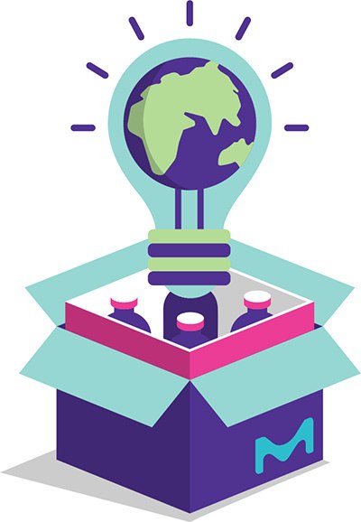 Box with lightbulb and globe Logo representing SMASH packaging, featuring a light bulb with a globe on top of a box, highlighting the focus on sustainable improvements in packaging.