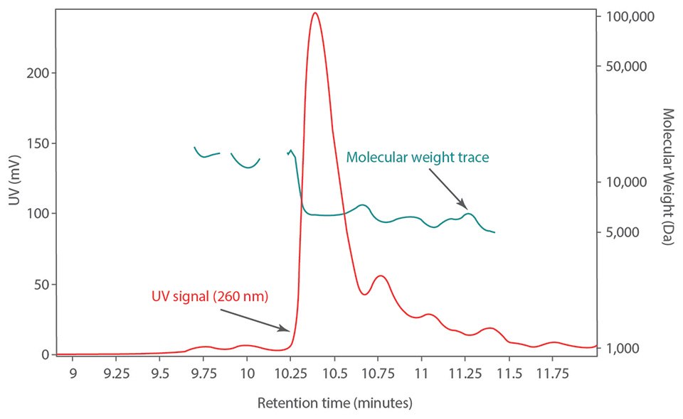 Molecular weight distribution (green) of the unpurified 20-mer Molecular weight distribution (green) of the unpurified 20-mer