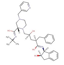 Indinavir chemical structure Complex organic molecule structure. It consists of multiple ring structures, some of which are hexagonal benzene rings, and others are pentagonal. The molecule includes various atoms connected by single, double, and triple bonds. Atoms are not labeled but can be inferred as carbon and hydrogen in the rings, with functional groups containing oxygen (indicated by red lines) and nitrogen (indicated by blue lines). There are also several hydroxyl (-OH) groups attached to the rings.
