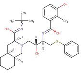 Nelfinavir chemical strucure Organic molecule structure, which is likely of interest due to its relevance in chemistry, particularly in the study of molecular configurations and interactions. The molecule includes multiple ring structures, various functional groups such as hydroxyl (OH), methyl (CH3), and amine (NH2) groups. There are also double bonds present within the rings and between some carbon atoms. The structure is depicted with standard chemical notation, with lines representing bonds between atoms and letters indicating the types of atoms involved (C for carbon, N for nitrogen, O for oxygen).