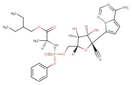 Remdesivir chemical strucure A complex organic molecule structure. It features multiple ring structures, including a benzene ring, and various functional groups such as phosphates, amides, and alcohols. The molecule contains chains of carbon atoms with attached hydrogen atoms, double bonds, and is depicted in a skeletal formula representation where lines represent chemical bonds and vertex ends represent carbon atoms.