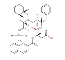 Saquinavir chemical structure complex organic molecule structure, which is likely of interest due to its relevance in chemistry, particularly in the study of molecular configurations and interactions. The molecule includes multiple ring structures, various functional groups such as hydroxyl (OH), methyl (CH3), and amine (NH2) groups. There are also double bonds present within the rings and between some carbon atoms. The structure is depicted with standard chemical notation, with lines representing bonds between atoms and letters indicating the types of atoms involved (C for carbon, N for nitrogen, O for oxygen).