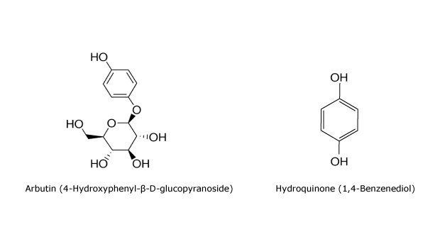 Two images- on the left bond line chemical structure of arbutin and on the right bond line chemical structure of hydroquinone
