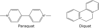 Chemical Structures of Paraquat and Diquat. 2-D chemical structure (Bond line structure) of Paraquat and Diquat.